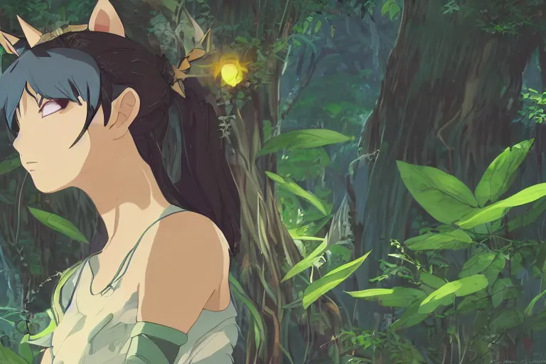 Prompt: female mage with cat ears in a jungle, detailed attractive face, fantasy art, anime style, by makoto shinkai, by studio ghibli, atmospheric, vector art, 4 k film still, close up portrait