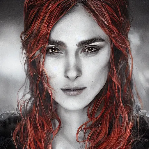 Prompt: beautiful female mage with red hair, keira knightley, black clothing, dark feathered wings, intricate, highly detailed face, trending on artstation, dramatic lighting, hyperrealistic, fantasy, portrait, highly detailed, headshot, digital painting, trending on artstation, concept art, sharp focus, illustration