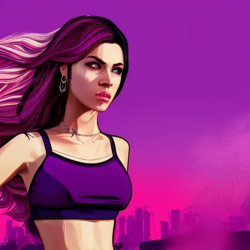 Prompt: a stunning GTA V loading screen with a beautiful woman with ombre hairstyle in purple and pink blowing in the wind, city streets, golden ratio, digital art, trending on artstation