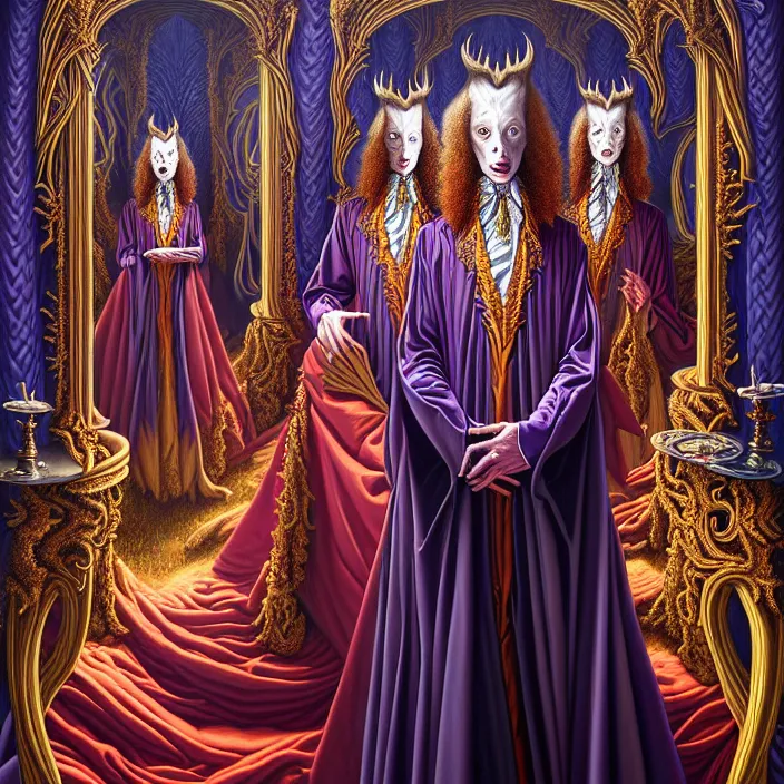 Prompt: beautiful oil painting, full length portrait of vampire dauphinois in baroque coronation robes 1701, Dan Mumford, Dan Mumford, Alex grey, hyacinthe rigaurd, highly detailed , lsd visuals, dmt fractal patterns, visionary art, psychedelic art, ornate, vaporwave, baroque, Greg rutkowski