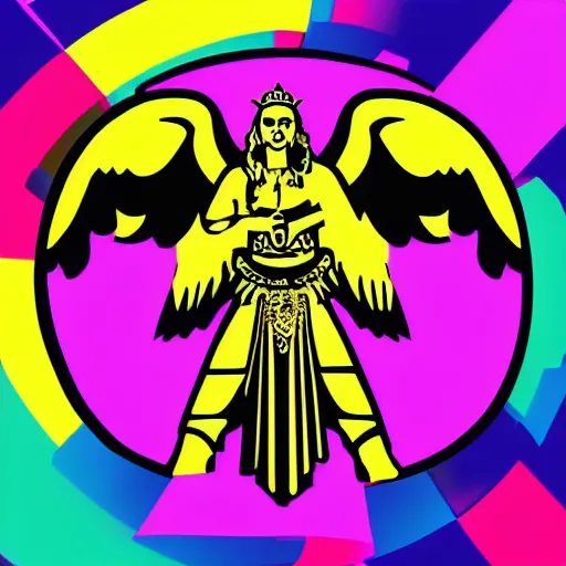 Prompt: svg vector sticker of absolutely divine-deity-angel-eagle heraldry, royalty, family-crest, rocking out, wearing headphones, huge speakers, dancing, rave, DJ, spinning records, digital art, amazing composition, rule-of-thirds, award-winning, trending on artstation, featured on deviantart