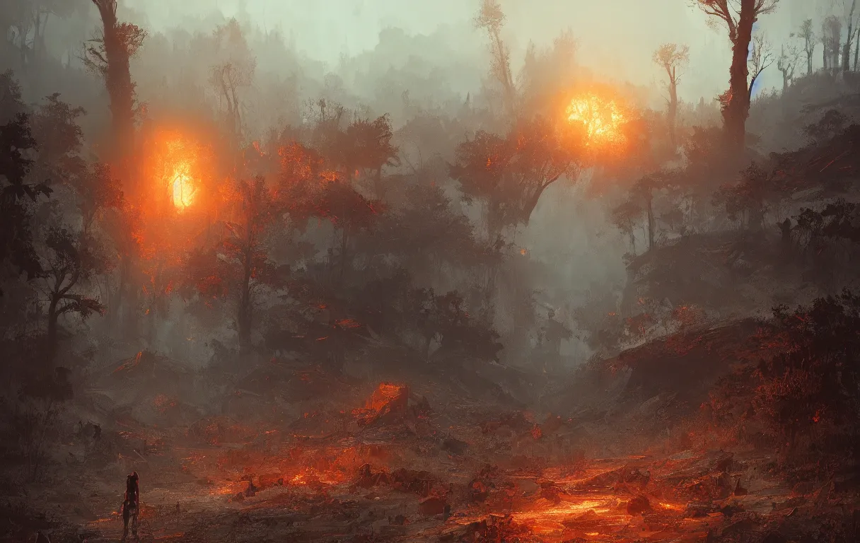 Prompt: A digital painting of scorched earth, by Ismail Inceoglu and Caspar David Friedrich, stunning, photorealistic, highly-detailed, 4k, ue5, light effect, rtx on, realistic, cinematic, IMAX quality, trending on artstation