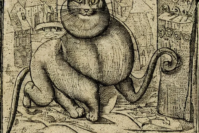 Prompt: Detail from Nuremberg Chronicle, 1493, of a cat, Liber Chronicarum illustration by Michael Wolgemut