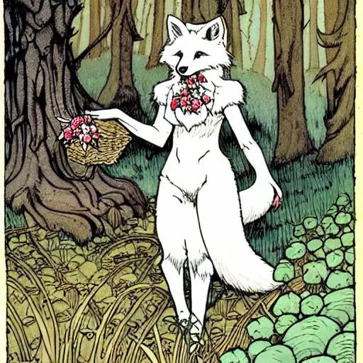 Image similar to A cute white-furred fox-girl Herbalist collecting flowers in the forest. Absurdly-detailed fantasy character illustration by Rebecca Guay and Wayne Reynolds