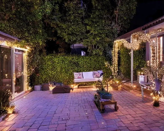 Image similar to a still photo of a backyard at night with fairy lights, house terrace on the side, warm lighting