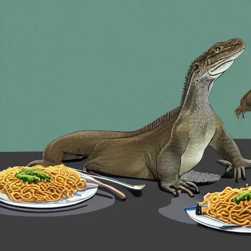 Prompt: a group of komodo dragons having a feast consisting of only indomie instant noodles on a fancy dining table, digital art, concept art, cartoon style, trending on artstation