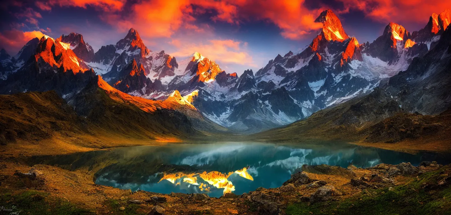 Image similar to amazing landscape photo of mountains with lake in sunset by marc adamus, beautiful dramatic lighting