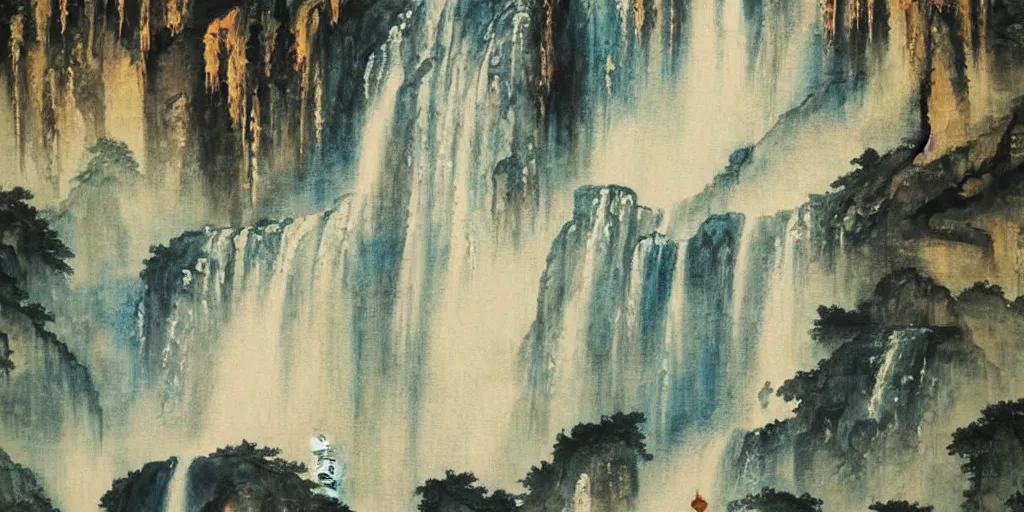 Image similar to “ large temple in the middle of waterfall in chinese watercolor painting, oil painting, masterpiece, aesthetic ”