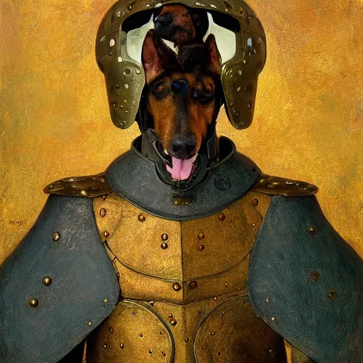 Prompt: a portrait of a hound dog wearing a armor, titian, sam spratt, maxfield parrish, gustav klimt, tom bagshaw, mark ryden, alphonse mucha, rembrandt, high quality, painting, oil