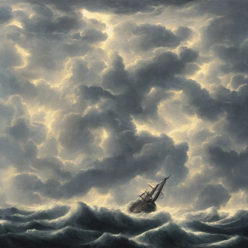 Prompt: a fantasy landscape. subject : kraken in a stormy sea, giant waves, lightning in the background, small boat, oil painting, 4 k