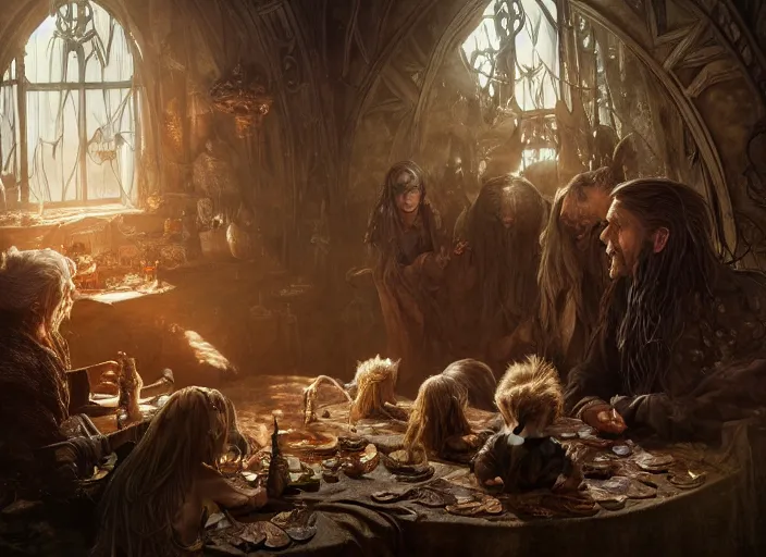 Image similar to a dramatic highly detailed render of smeagols family , Middle-earth , by WLOP and Artgerm and Greg Rutkowski and Alphonse Mucha, Beautiful dynamic dramatic dark moody lighting, shadows, cinematic atmosphere, Artstation, concept design art, Octane render, 8K, masterpiece, sharp focus, hyperrealistic