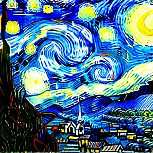 Prompt: the starry night where white is black and blue, very detailed, landscape-H 768