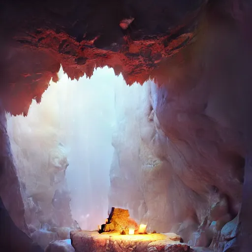 Image similar to cozy, hotspring hidden in a cave, candlelight, towels, cushions, plates of fruit, no people natural light, lush plants and flowers, elegant, smooth cave rock, fantasy, atmospheric lighting, digital painting, Greg Rutkowski concept art