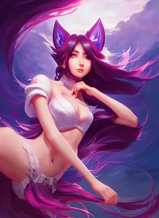 Image similar to ahri from league of legends, half body shot, path traced, highly detailed, high quality, digital painting, alena aenami, lilia alvarado, shinji aramaki, karol bak, alphonse mucha, tom bagshaw