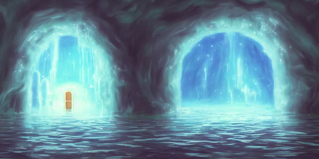 Prompt: a cell - shaded studio ghibli concept art study of a square dimensional portal doorway in a flooded desert on a misty starry night. a waterfall is flowing out of the portal. very dull colors, hd, 4 k, hq