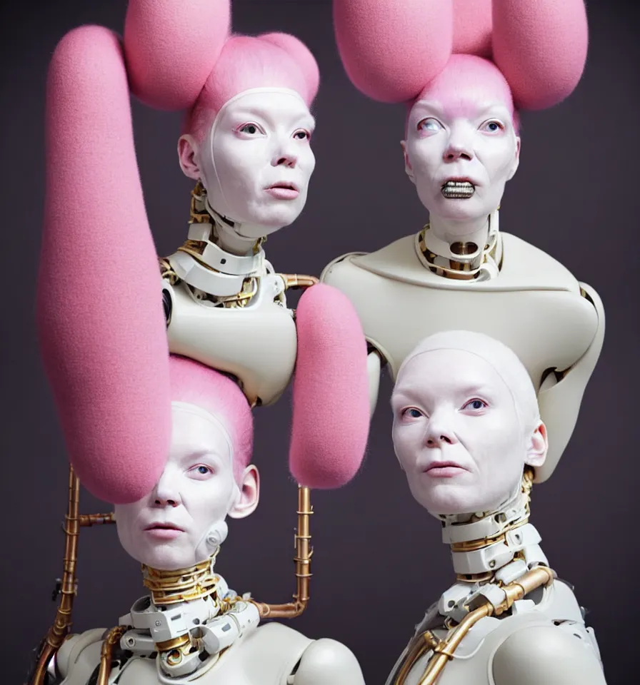 Image similar to portrait of a alien futuristic cyborg wearing a gold pipes fitted beauty mask and pink hair buns, wearing a black bodysuit by alexander mcqueen, cream white background, perfectly symmetric, soft diffused light, biotechnology, humanoid robot, hanging electrical cables and pipes, bjork aesthetic, translucent, by rineke dijkstra, intricate details, highly detailed, masterpiece,