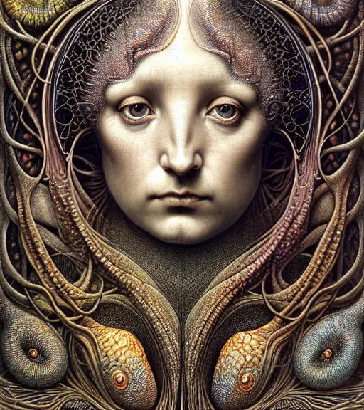 Prompt: detailed realistic beautiful chameleon goddess face portrait by jean delville, gustave dore, iris van herpen and marco mazzoni, art forms of nature by ernst haeckel, art nouveau, symbolist, visionary, gothic, neo - gothic, pre - raphaelite, fractal lace, intricate alien botanicals, biodiversity, surreality, hyperdetailed ultrasharp octane render