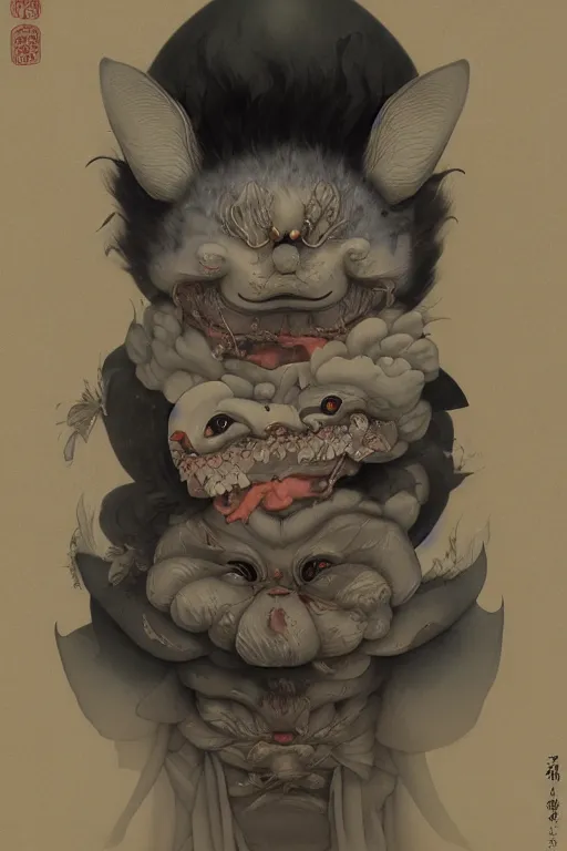 Image similar to a portrait of a japanese ghost yokai animal illustrated by miyazaki by karol bak, james jean, tom bagshaw, rococo, sharp focus, trending on artstation, cinematic lighting, hyper realism, octane render, 8 k, hyper detailed, vivid, ultra detailed, highly detailed