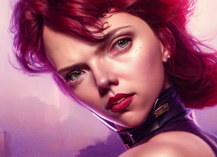 Image similar to highly detailed portrait of scarlett johansson as catwoman, stephen bliss, unreal engine, art by greg rutkowski, loish, rhads, ferdinand knab, makoto shinkai and lois van baarle, ilya kuvshinov, rossdraws, tom bagshaw, global illumination, radiant light, detailed and intricate environment