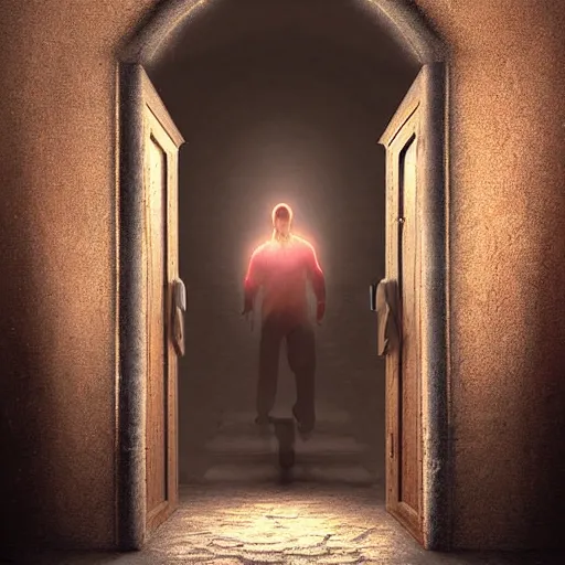 Image similar to a man through a mystical door leading to another dimension, fantasy, artstation detailed digital art