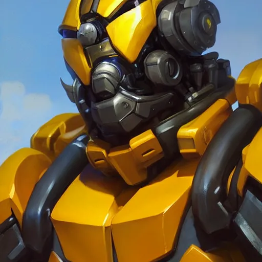 Image similar to greg manchess portrait painting of bumblebee the transformer as overwatch character, medium shot, asymmetrical, profile picture, organic painting, sunny day, matte painting, bold shapes, hard edges, street art, trending on artstation, by huang guangjian, gil elvgren, ruan jia, greg rutkowski, gaston bussiere