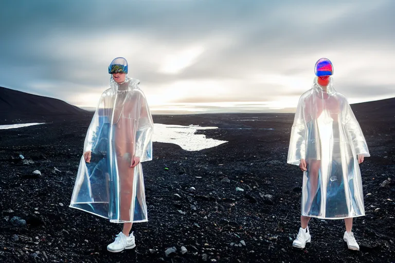 Image similar to an ultra high definition professional high fashion portrait studio full length photograph of a model wearing a transparent pearlescent raincoat and neon visor in an icelandic black rock environment at dawn. no artefacts. extremely detailed. stark. shallow depth of field. volumetric light and shadow. ray tracing. light ray.