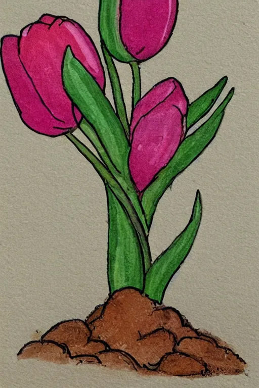 Image similar to colorful sketch in a simple style of a side view of a planted tulip with roots going deep into the ground with the colors of mexico