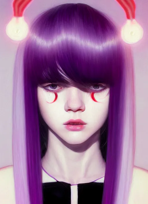 Image similar to hair whitebangs hair, black hair, whitebangs, portrait of teenage girl with white bangs, red irises, purple clothes, white bangs, bangs are different color from hair, intricate, elegant, glowing lights, highly detailed, digital painting, artstation, concept art, smooth, sharp focus, illustration, art by wlop, mars ravelo and greg rutkowski