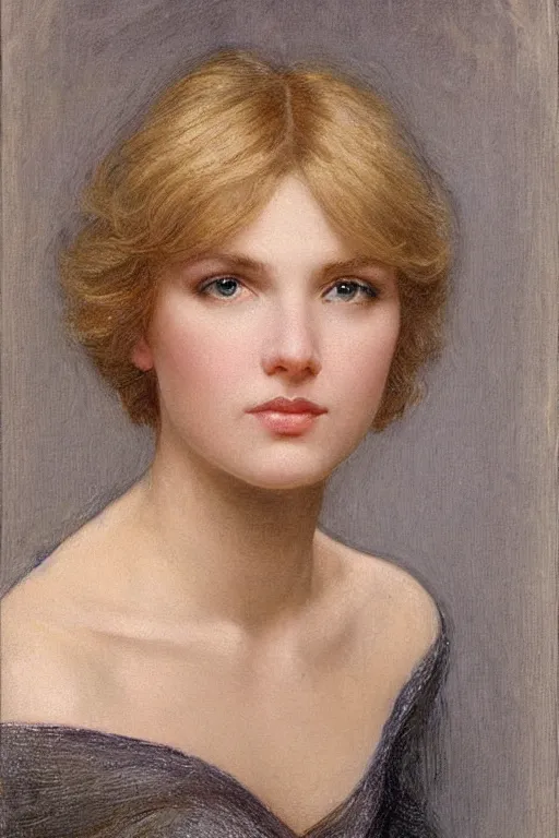 Prompt: portrait of a young beautiful woman with blond short-hair and grey eyes who works as an architect artwork by Edward Robert Hughes, Henry Justice Ford