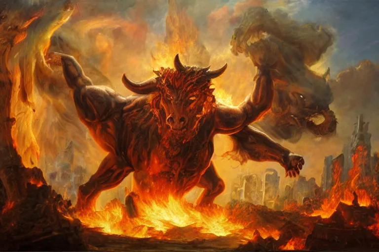 Prompt: immense, colossal demon bullcentaur with bulging muscles and fiery eyes rampaging across the burning ruins of a city, oil painting,