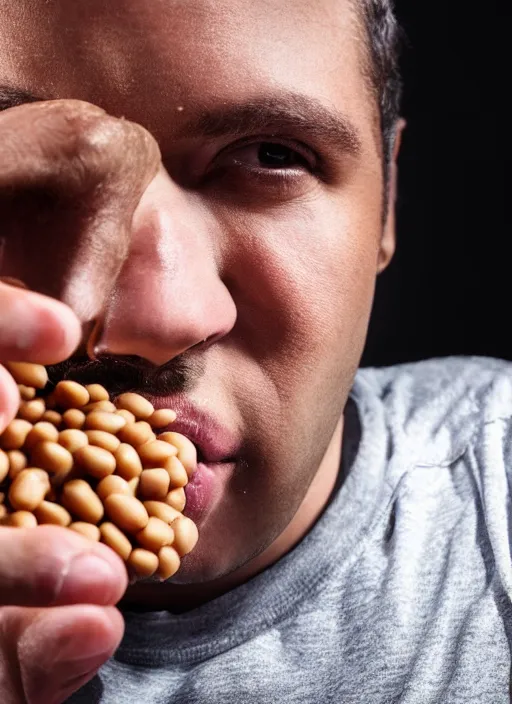 Prompt: award winning photograph of a man at a movie theater eating beans, 4 k, uhd, highly detailed, realistic, close up