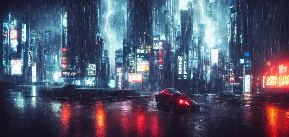 Prompt: shot of the roof with single man sitting on the edge during rain, below impressive cyberpunk night city during great rainy storm with lightning, nightscape, futuristic architecture, realistic photo, neons, blade runner, akira style, cinematic lighting, cinematic angles