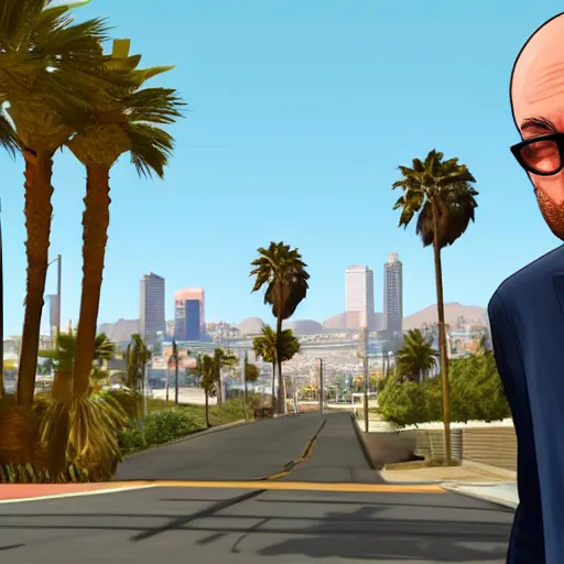 Image similar to Michael Ehrmantraut in GTA V . Los Santos in the background, palm trees. In the art style of Stephen Bliss.