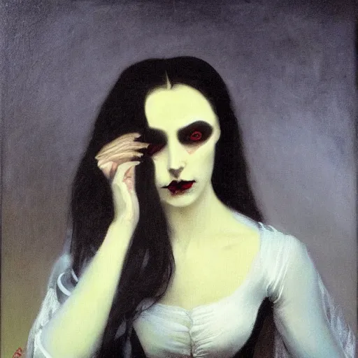 Prompt: A beautiful painting of a lady vampire, victorian, dracula, ominous, oil on canvas, photorealism, Johann Heinrich Füssli, irwin penn, high definition, soft light