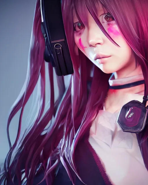 Image similar to beautiful portrait of a woman with pastel long hair with her eyes closed with headphones on in the style of a code vein character, tzuyu from twice in code vein in the style of WLOP, artgerm, yasutomo oka, rendered in unreal engine and redshift octane , dynamic dramatic lighting, soft lighting, imagine fx, artstation, cgsociety, by Bandai Namco artist, background is surrounded by epic neon glitch effect digital art