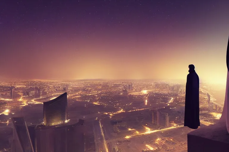 Image similar to arab man overlooking Riyadh city at night silhouette dramatic, dark, superhero, concept design, environment concept, artstation, digital art