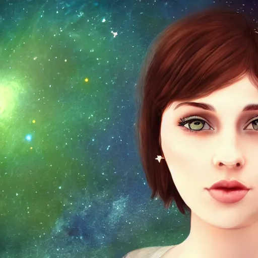 Prompt: an hd photo of a pretty young woman with short brown hair and green eyes, beautiful trees in the background, night sky with stars and galaxies, trending on artstation