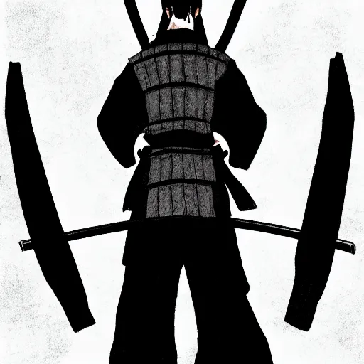 Image similar to A FULL BODY PORTRAIT FROM BEHIND OF A SAMURAI THAT HOLDS 2 KATANAS FROM VAGABOND, ,detailed, concept art, ink style , sketch black and white colors