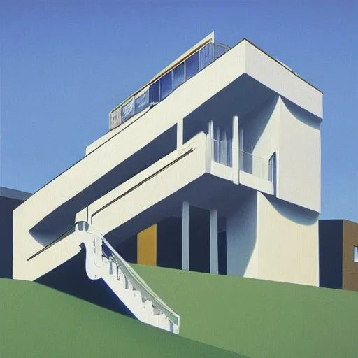 Image similar to “ painting by magritte and jeffrey smart, featuring stairs ”