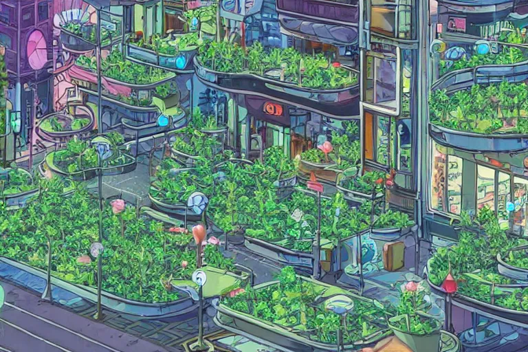 Prompt: an optimistic futuristic cannabis city street with hemp leaf pop motifs, by ghibli