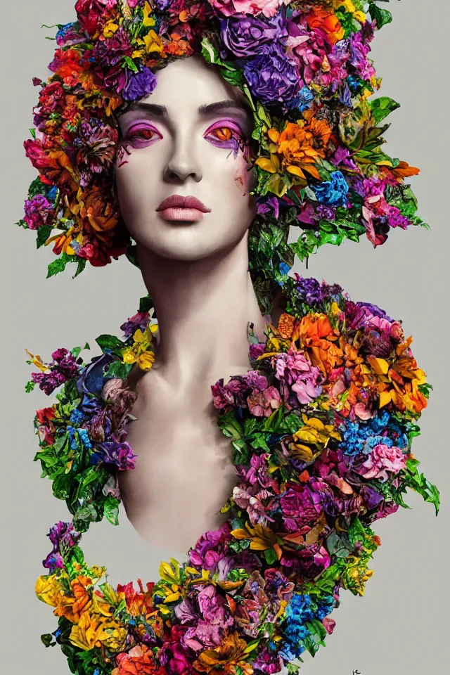 Prompt: a sculpture made of vine and colorful flowers, bust, single portrait, queen, future, epic, harper's bazaar, vogue, magazine, insanely detailed and intricate, concept art, ornate, luxury, elite, elegant, trending on artstation, by Ruan Jia, Kenneth Willardt, Ross Tran, WLOP, Andrei Riabovitchev.