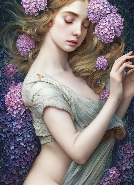 Image similar to a photographic portrait of a seductive sleeping anthropomorphic hydrangea blossom with a perfect face, fantasy, wind blowing hair, intricate, elegant, very very highly detailed, digital painting, artstation, concept art, smooth, super sharp focus, illustration, art by artgerm and h r giger and alphonse mucha