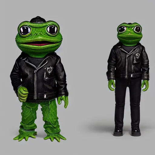 Image similar to perfectly accurate miniature figure of pepe the frog wearing jeans and a black leather jacket, soft textures, skin texture, clothing, 3d sculpture, textured, fine detail, lifelike, photo, high resolution, octane render, post processing, after effects, trending on artstation