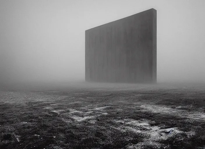 Image similar to high resolution black and white photography with a 3 5 mm f / 2 2 lens of brutalist architectural buildings in romania in the middle of nowhere in the 8 0's, there is fog and snow. fine art photography and very detailed and sad.