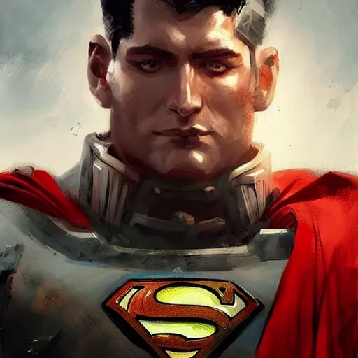 Image similar to portrait of a warhammer superman, epic, tragic, military art, fantasy, dieselpunk, hd shot, digital portrait, beautiful, artstation, comic style, by artgerm, guy denning, jakub rozalski, magali villeneuve and charlie bowater