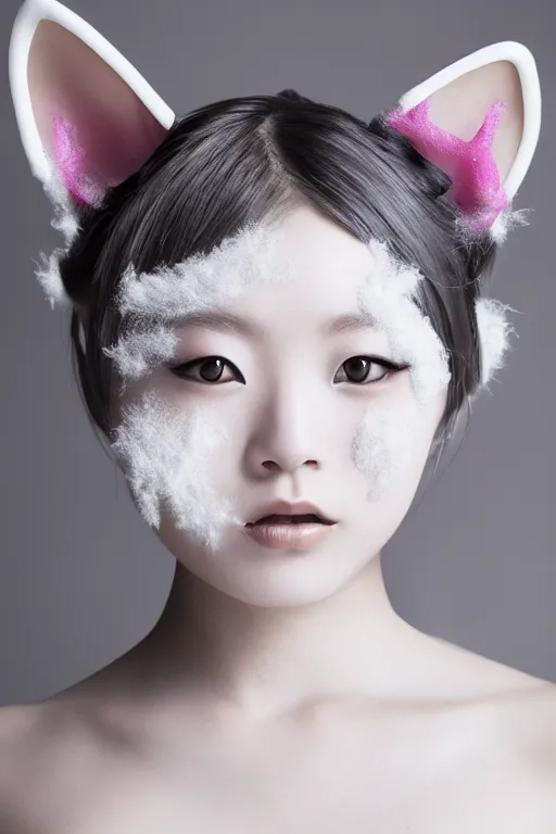 Prompt: aesthetic photograph of alluring young Japanese woman wearing white cat ears, by Nick Knight and jia ruan, headshot, cosplay, realistic, photorealistic, HD, 4k resolution