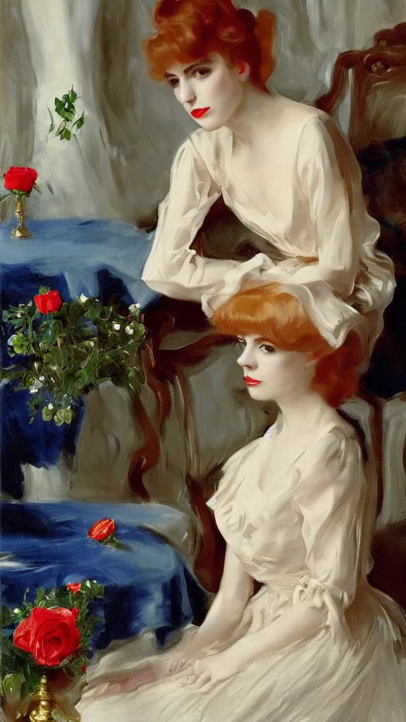 Image similar to portrait of young julee cruise in detailed golden sleeve balloon dress beside a pot of red roses, a persian blue detailed curtain in back painted by john singer sargent