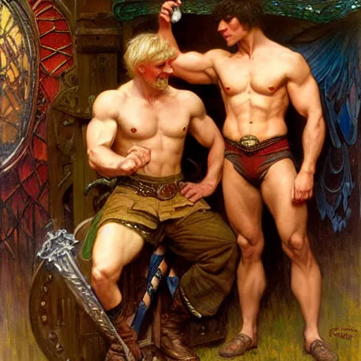 Image similar to attractive muscular arthur pendragon and muscular attractive merlin go to a pub together to have some drinks. highly detailed painting by gaston bussiere, craig mullins, j. c. leyendecker, alphonse mucha 8 k