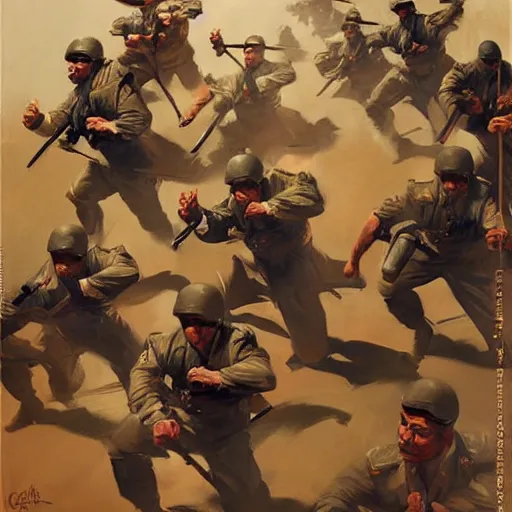 Prompt: greg manchess painting of a propganda poster of a group of men charging at the enemy wearing military uniform, painting, trending on artstation, by huang guangjian and gil elvgren and sachin teng