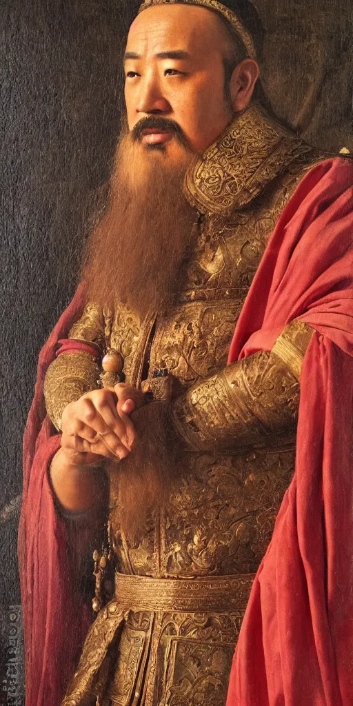 Image similar to Highly detailed and cinematic Renaissance period portrait oil painting Kublai Khan, an oil painting ((masterpiece)) by ((Josep Tapiró Baró)), dynamic lighting, 8K